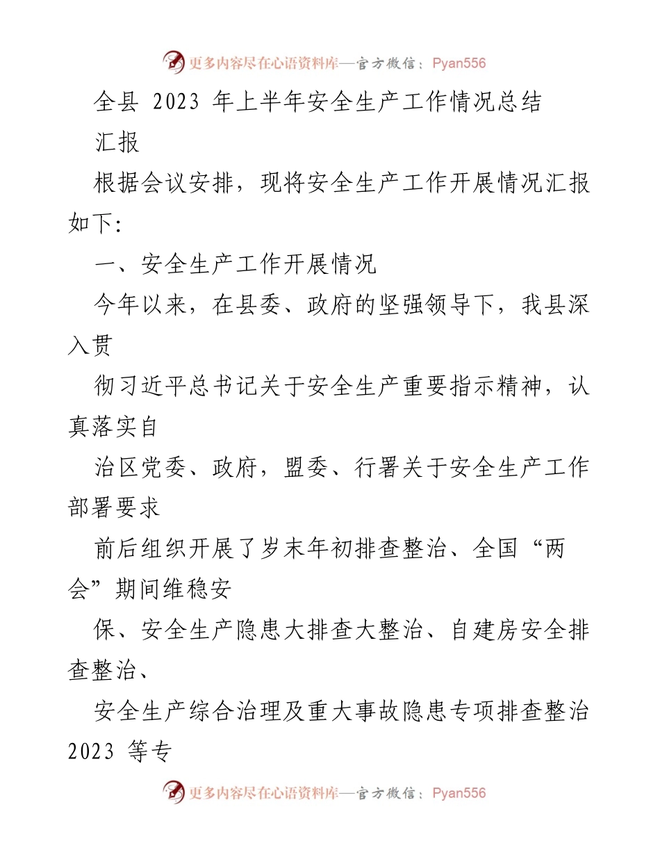 [工作总结] 安全生产工作会议 - 2023年上半年全县安全生产工作情况总结.docx_第1页