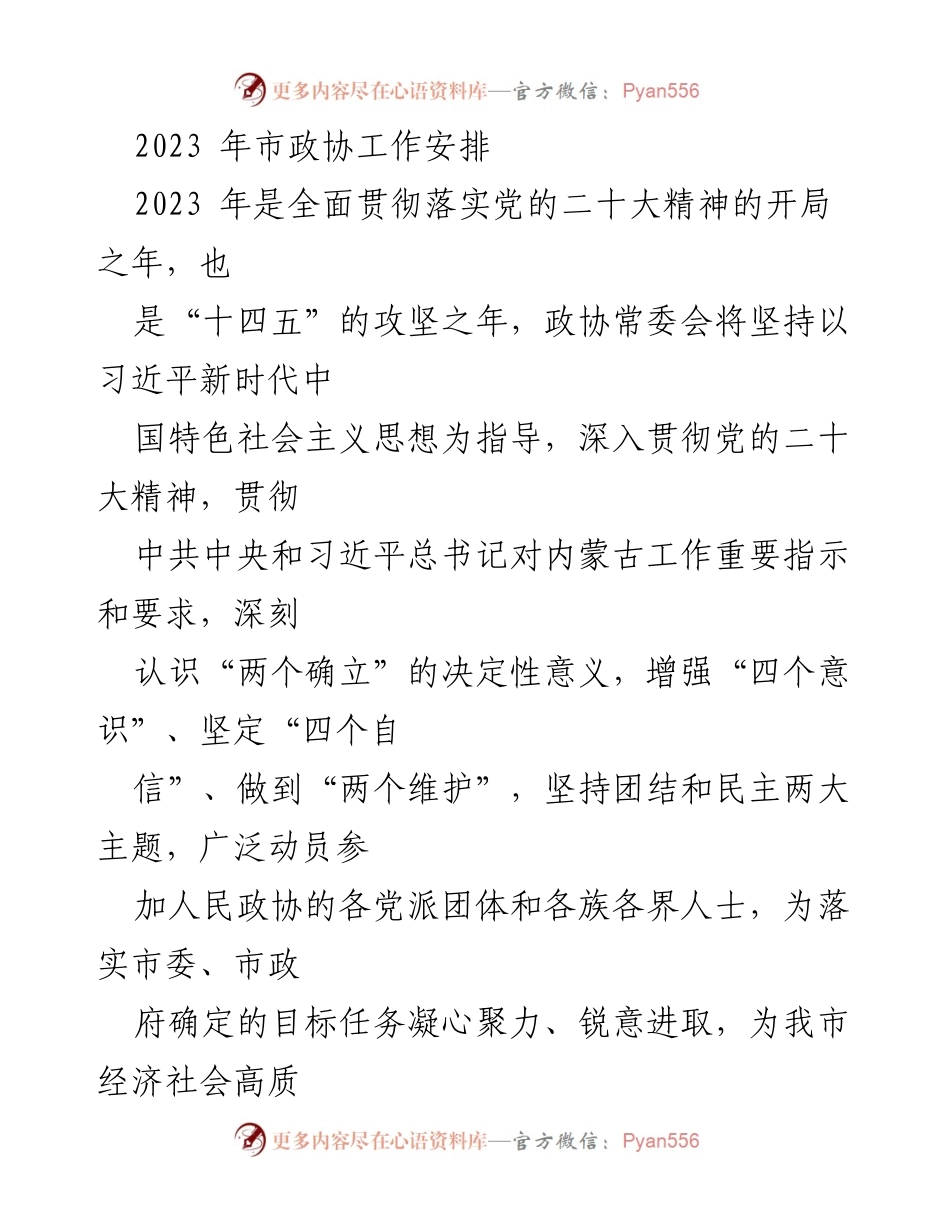[工作总结] 市政协 - 2023年市政协工作安排与高质量发展推动策略.docx_第1页