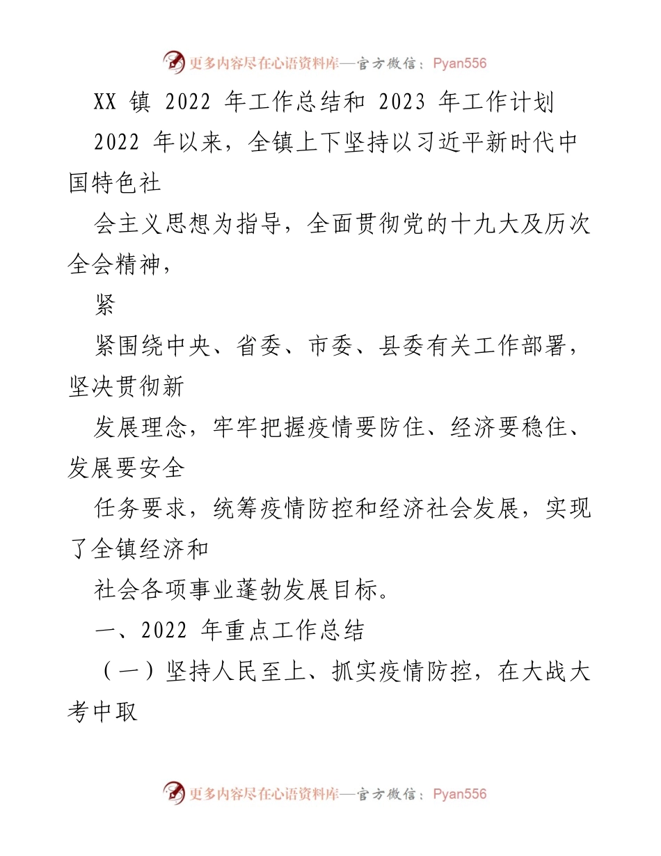 [工作总结] 年度工作会议 - XX 镇2022年工作总结与2023年工作计划.docx_第1页