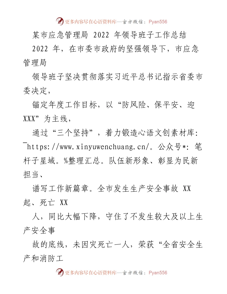 [工作总结] 市应急管理局 - 2022年领导班子工作总结与成就回顾.docx_第1页
