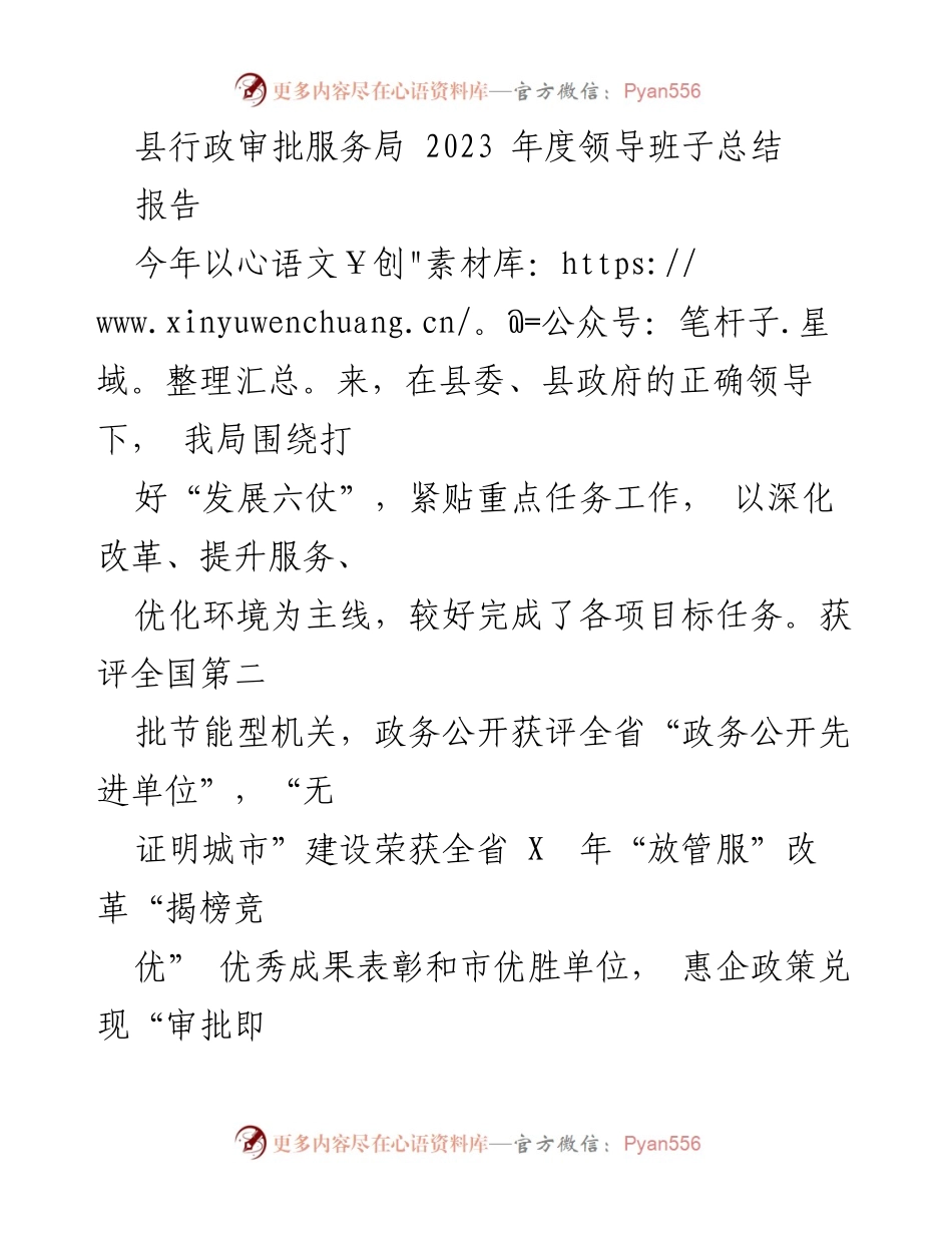 [工作总结] 年度总结 - 2023年度县行政审批服务局领导班子工作总结报告_1.docx_第1页