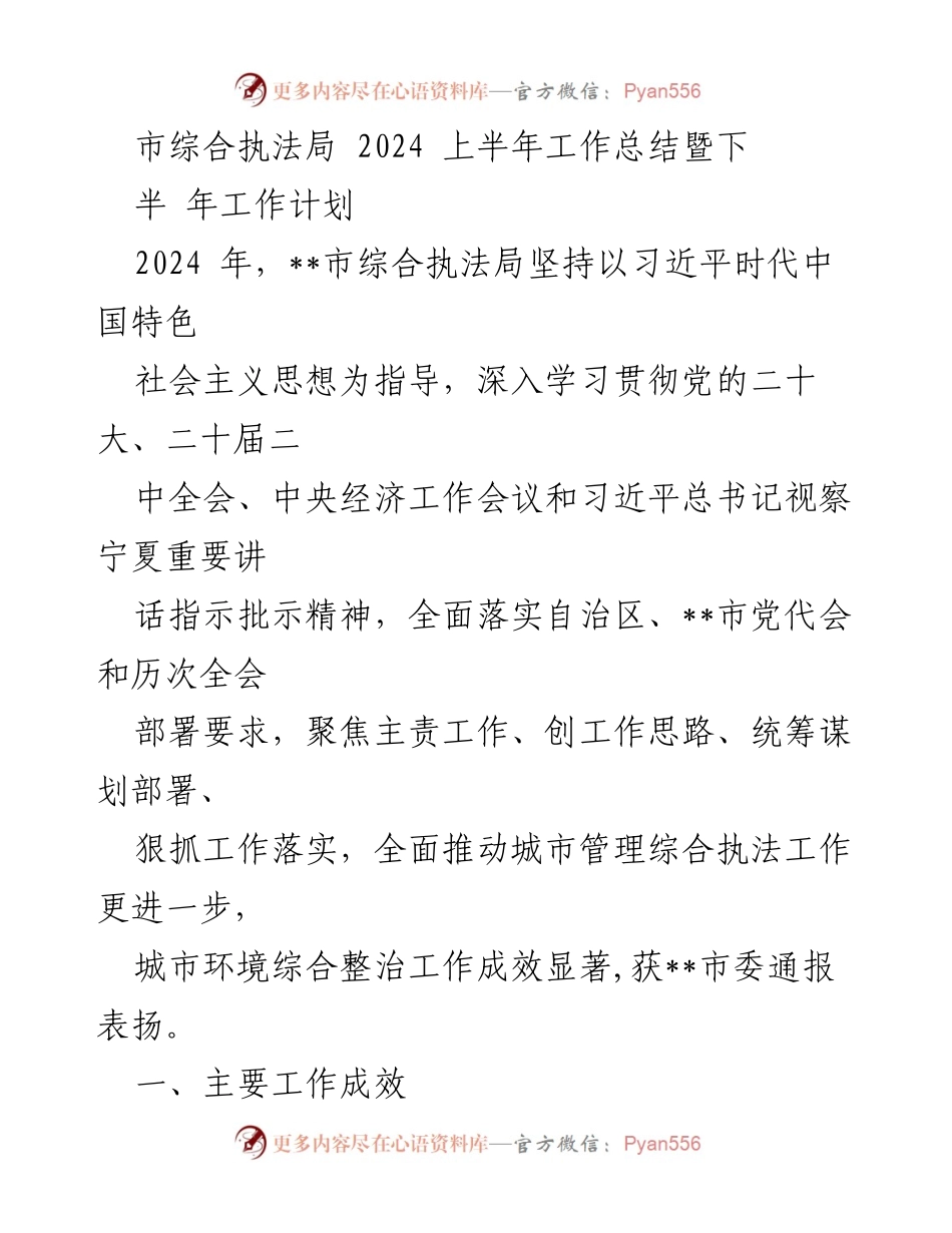 [工作总结] 市综合执法局 - 2024年上半年工作总结与下半年工作计划_1.docx_第1页
