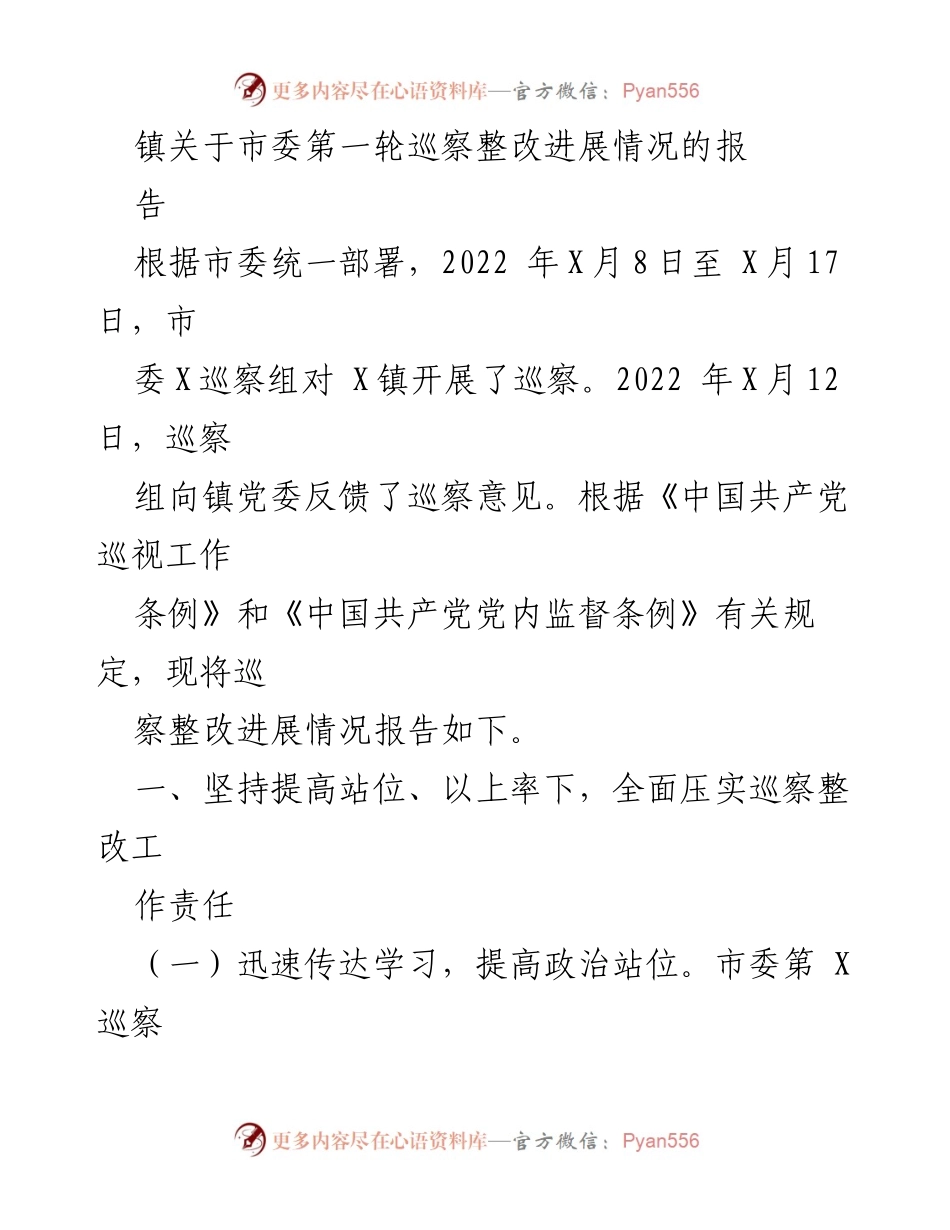 [工作总结] 巡察整改 - X镇市委第一轮巡察整改进展情况报告.docx_第1页