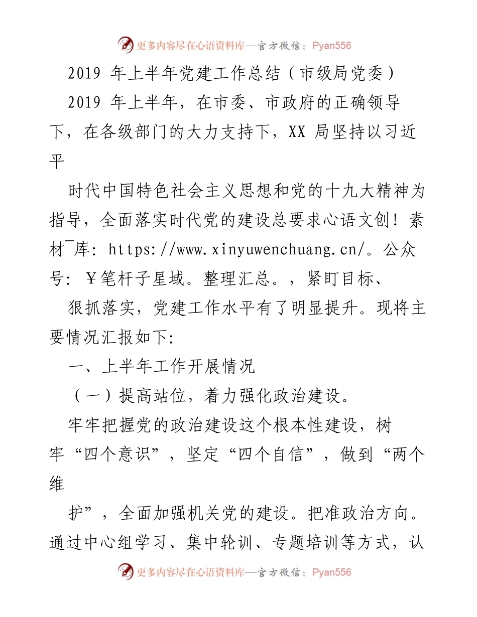 [工作总结] 市级局党委 - 2019年上半年党建工作总结报告.docx_第1页