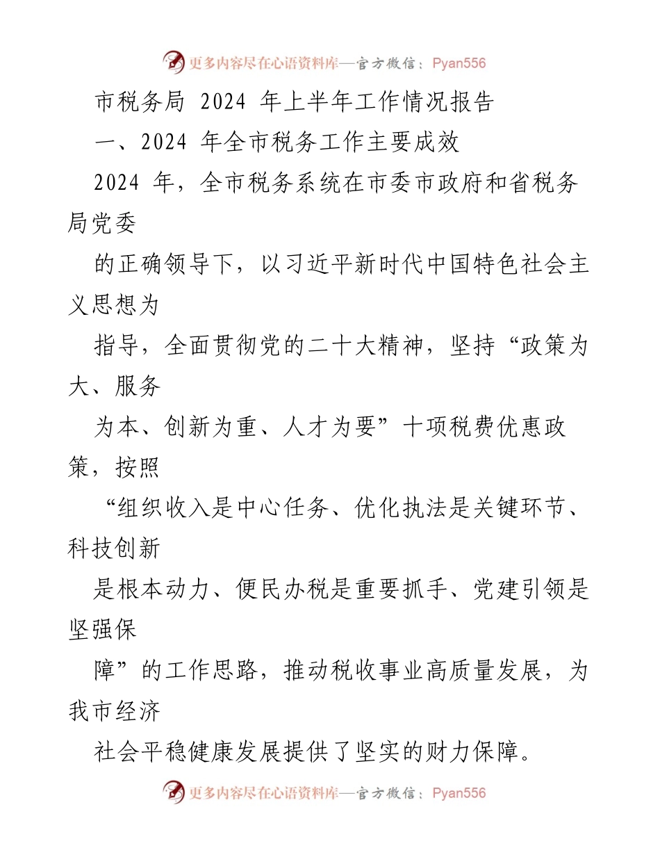 [工作总结] 市税务局 - 2024年上半年税务工作成效报告.docx_第1页