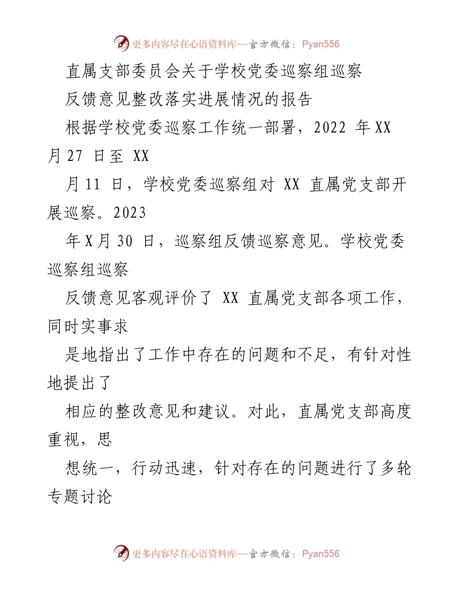 [工作总结] 巡察整改 - 直属支部巡察反馈意见整改落实进展报告.docx_第1页