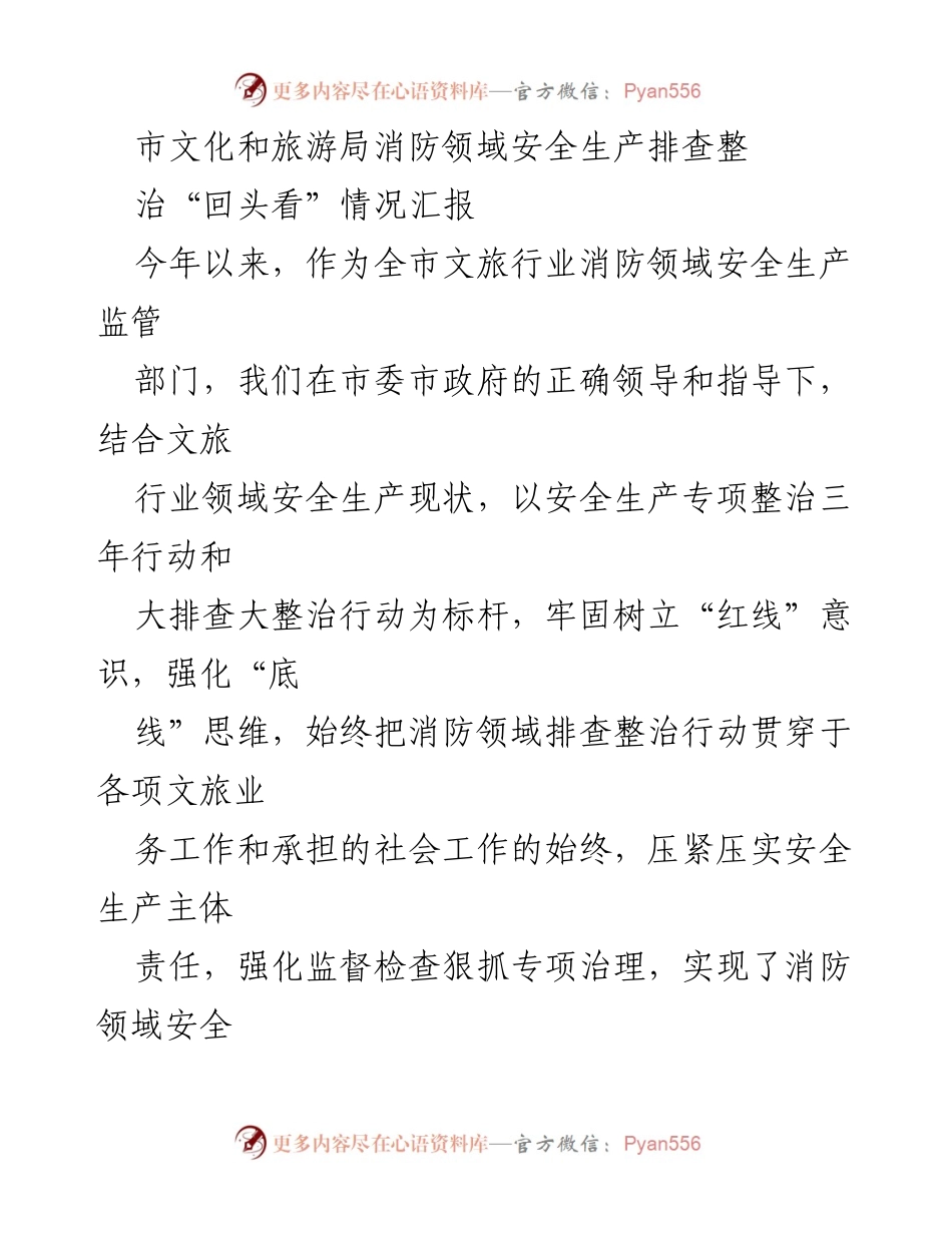 [工作总结] 市文化和旅游局 - 消防领域安全生产排查整治“回头看”情况汇报.docx_第1页