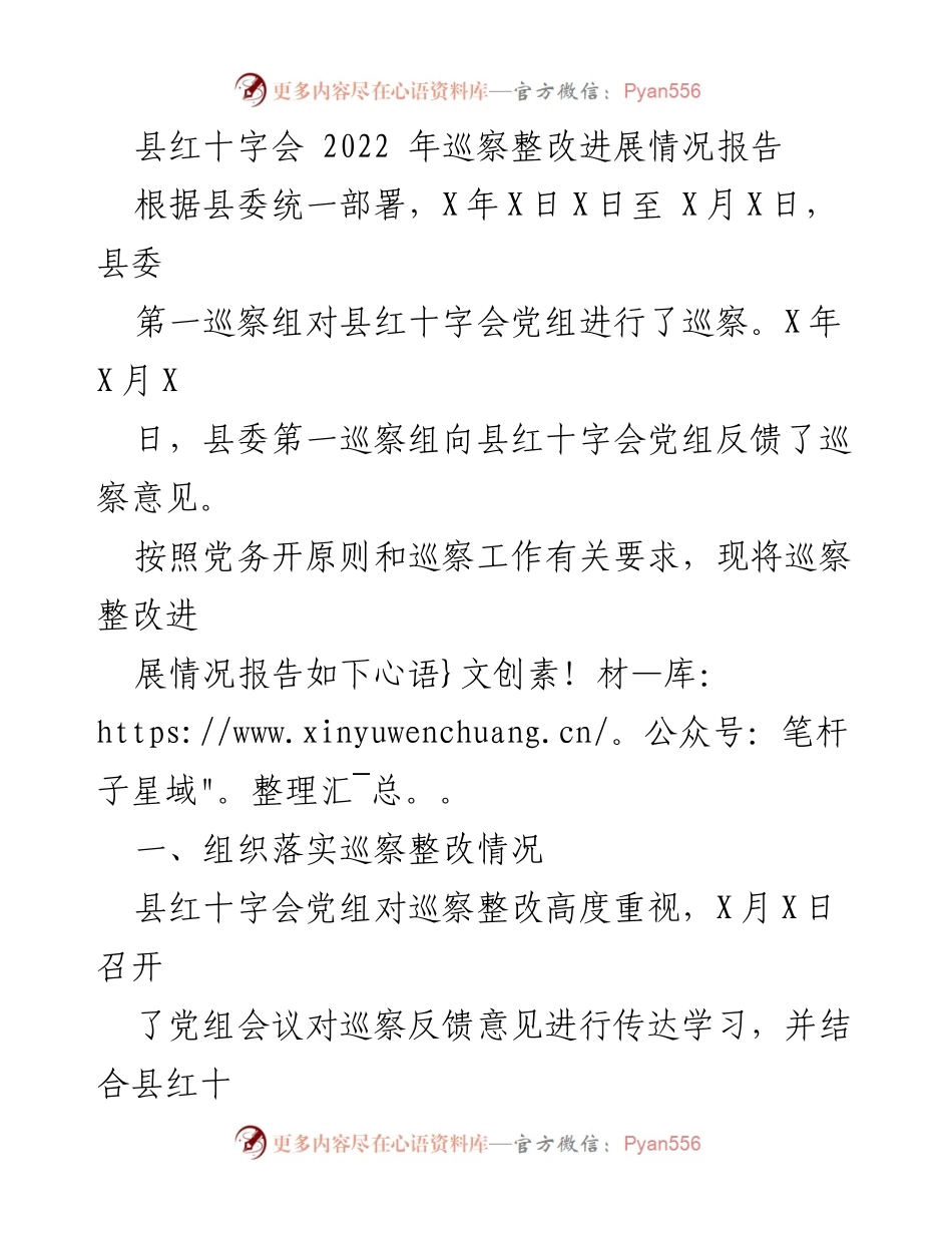 [工作总结] 巡察整改 - 县红十字会2022年巡察整改进展情况报告_1.docx_第1页