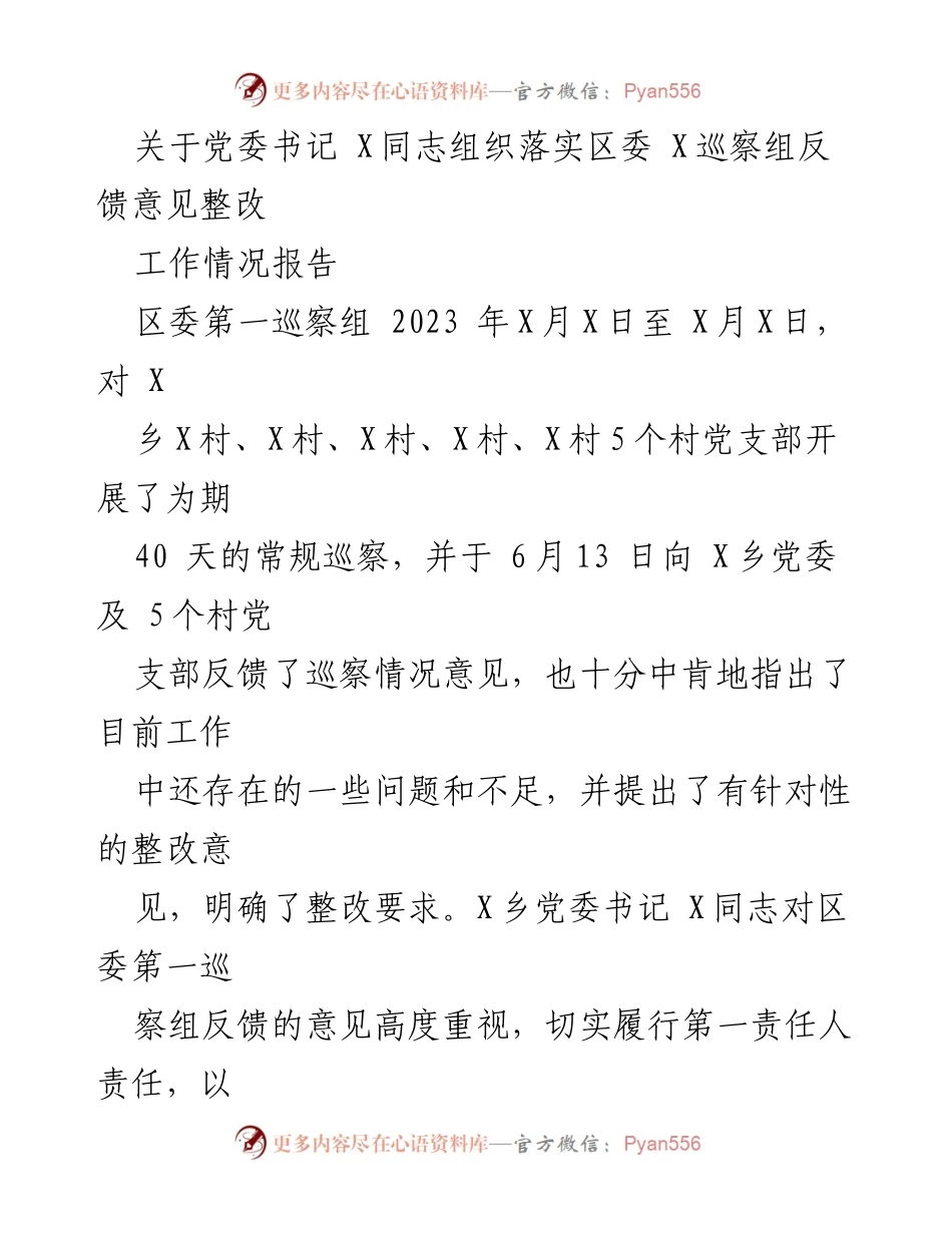 [工作总结] 巡察整改 - 党委书记组织落实巡察整改工作情况报告.docx_第1页