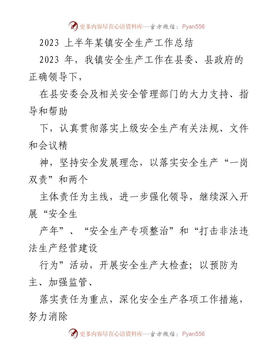 [工作总结] 安全生产 - 2023年某镇安全生产工作总结.docx_第1页