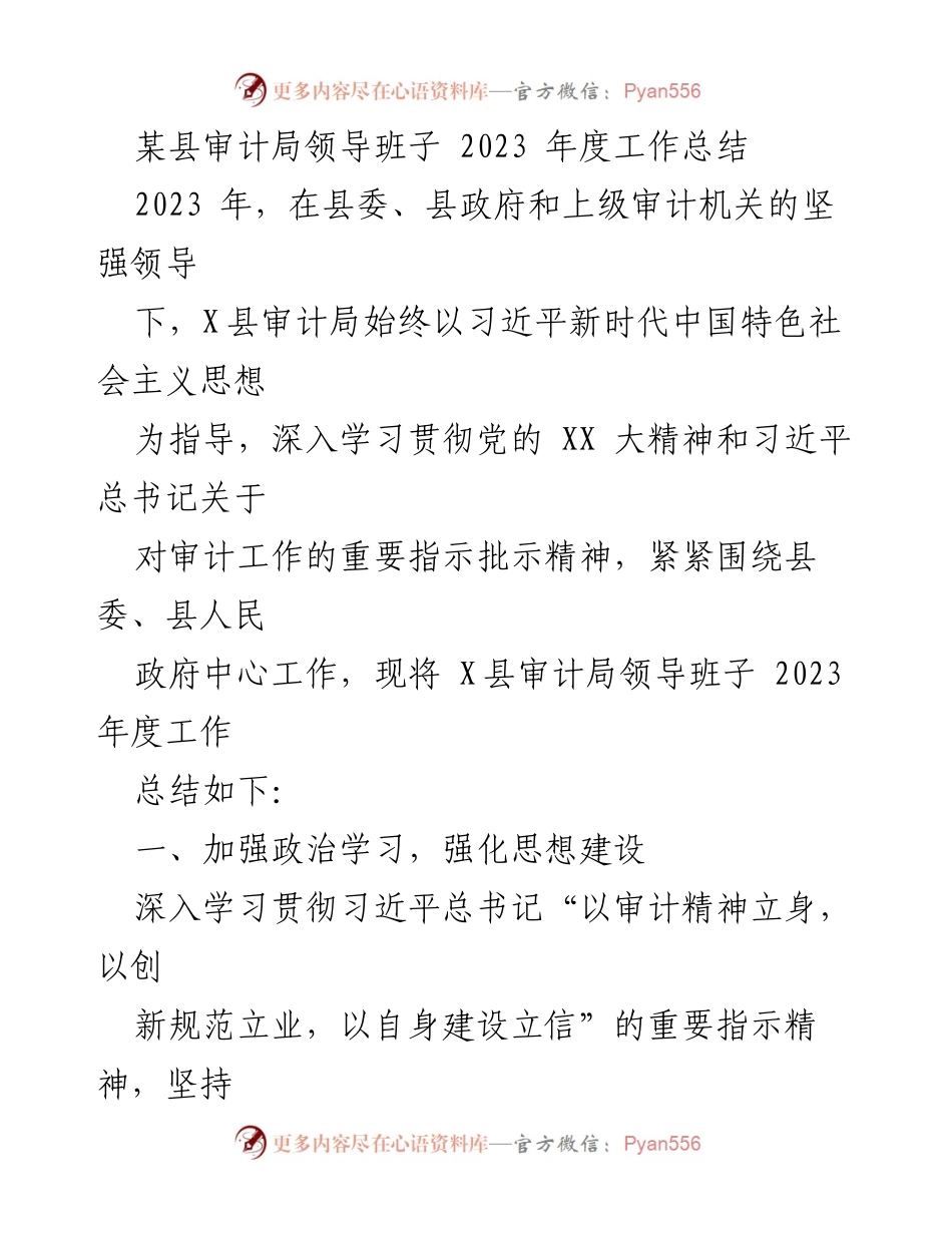 [工作总结] 审计局年度总结 - 2023年度X县审计局工作总结.docx_第1页