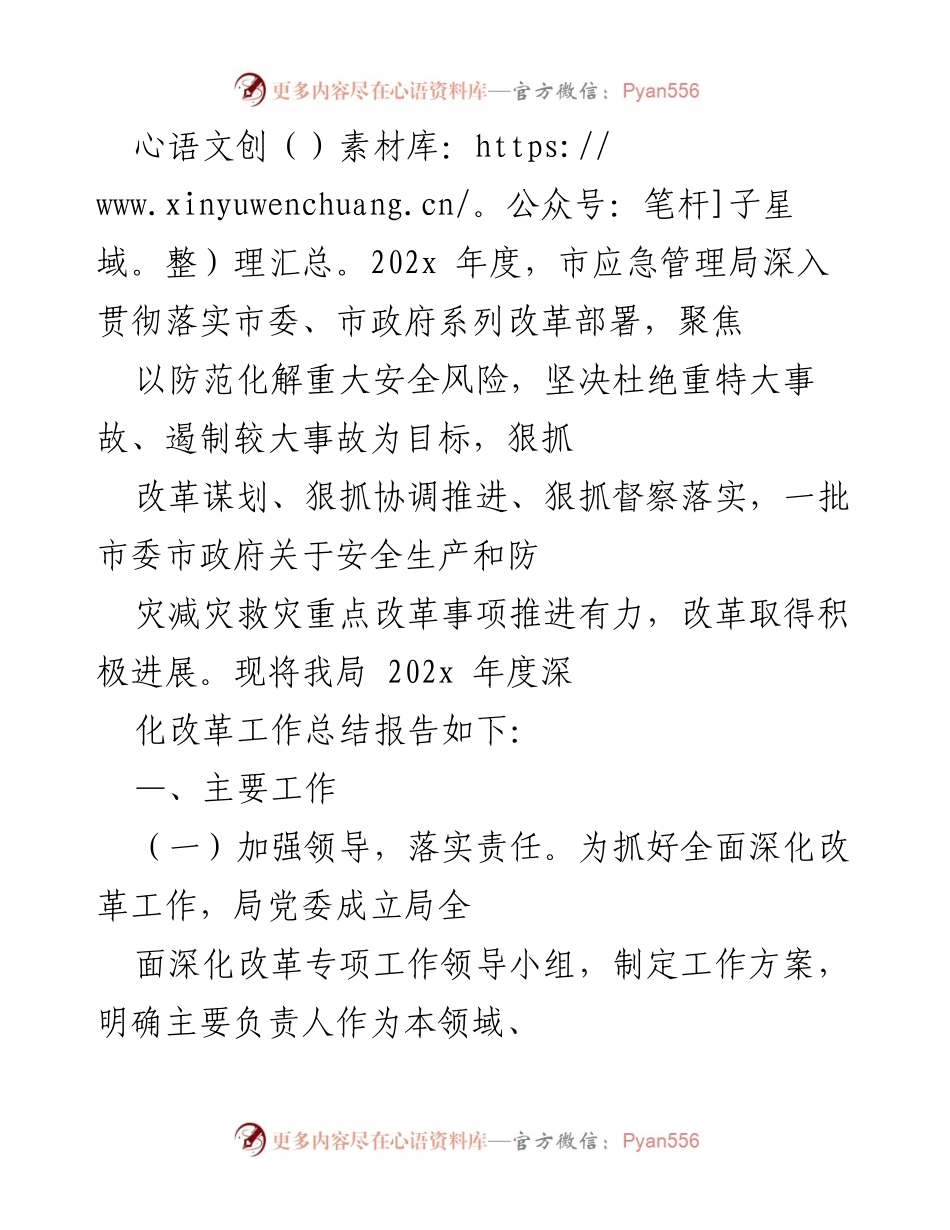 [工作总结] 年度工作总结 - 202x年度市应急管理局全面深化改革工作总结报告.docx_第1页