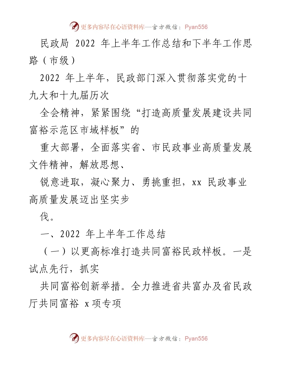 [工作总结] 市级民政局 - 2022年上半年民政工作总结与下半年发展思路.docx_第1页