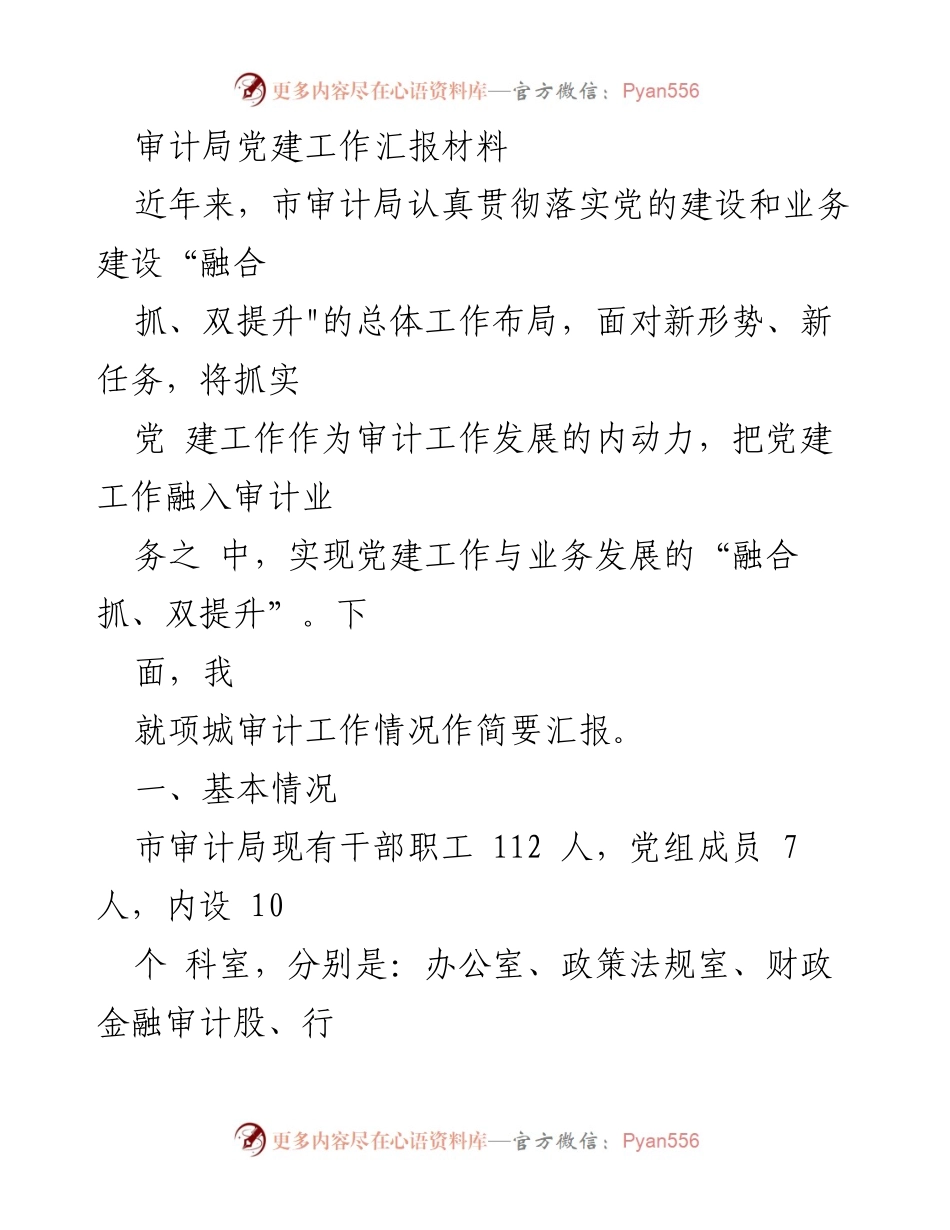 [工作总结] 审计局 - 审计局党建工作汇报及业务融合发展情况.docx_第1页