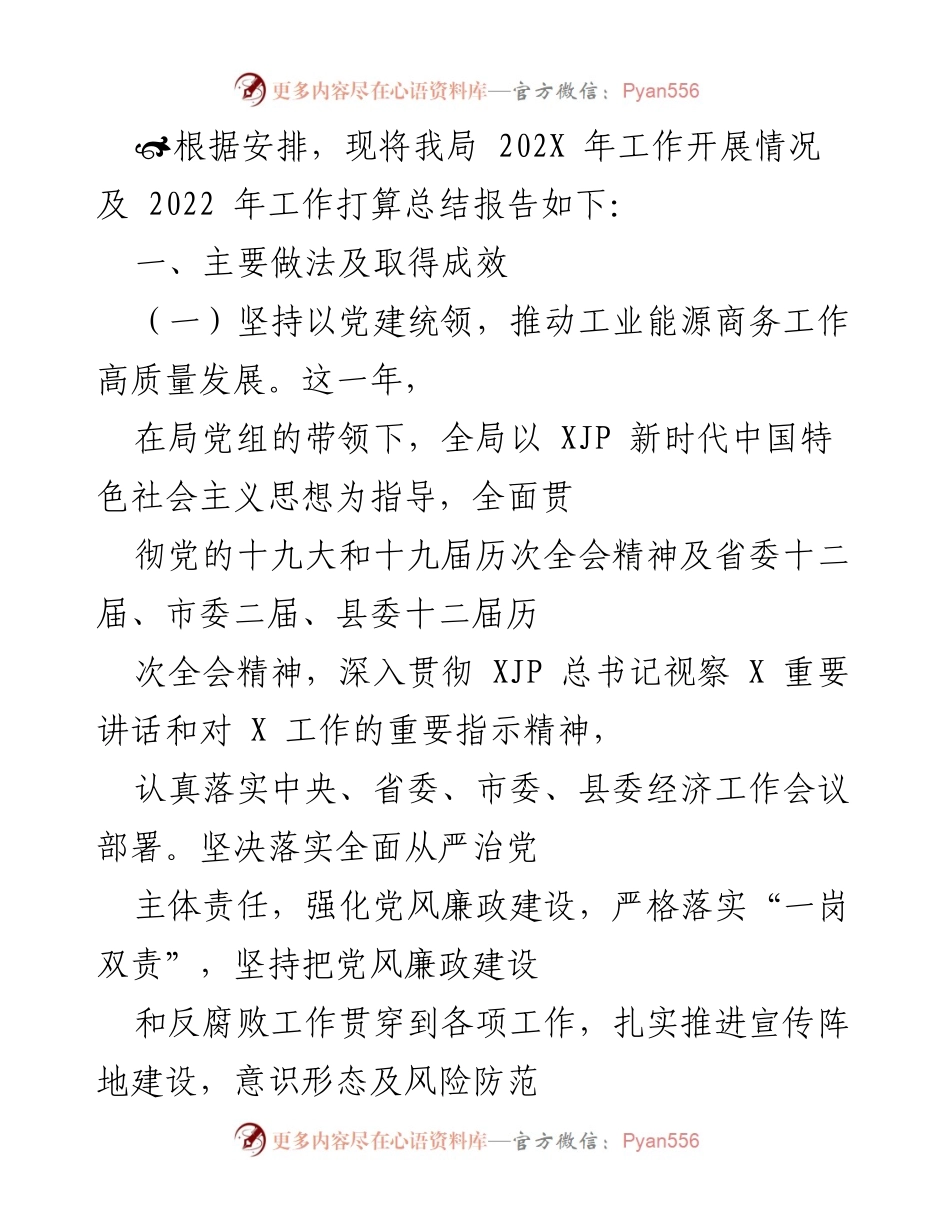 [工作总结] 年度工作汇报 - 202X年工业能源商务工作开展情况及2022年工作打算总结报告.docx_第1页