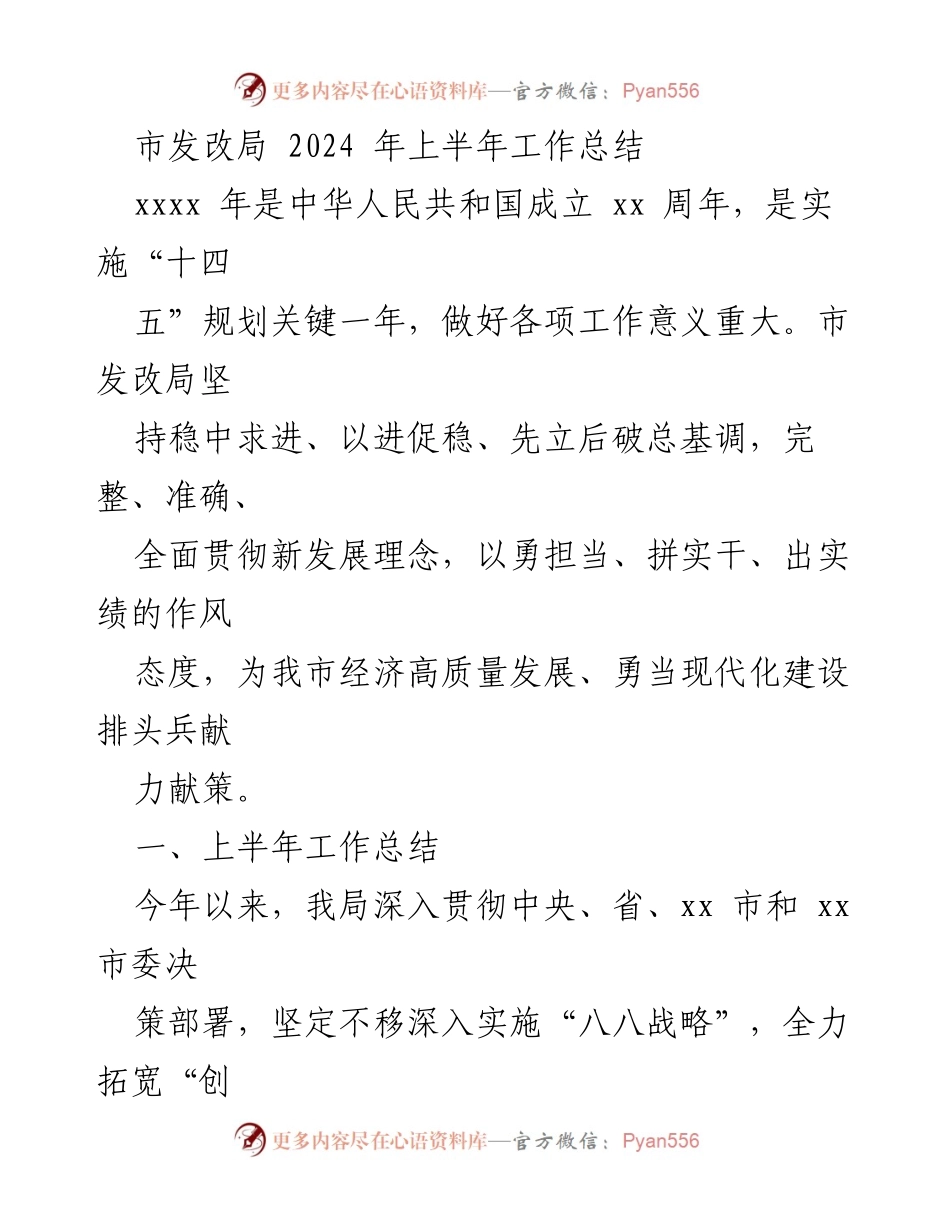 [工作总结] 市发改局 - 2024年上半年工作总结与经济发展成效分析.docx_第1页