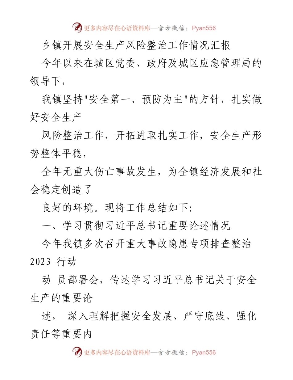 [工作总结] 安全生产风险整治 - 乡镇安全生产风险整治工作情况汇报.docx_第1页