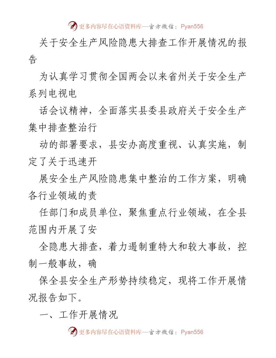 [工作总结] 安全生产 - 安全隐患大排查工作开展情况报告.docx_第1页