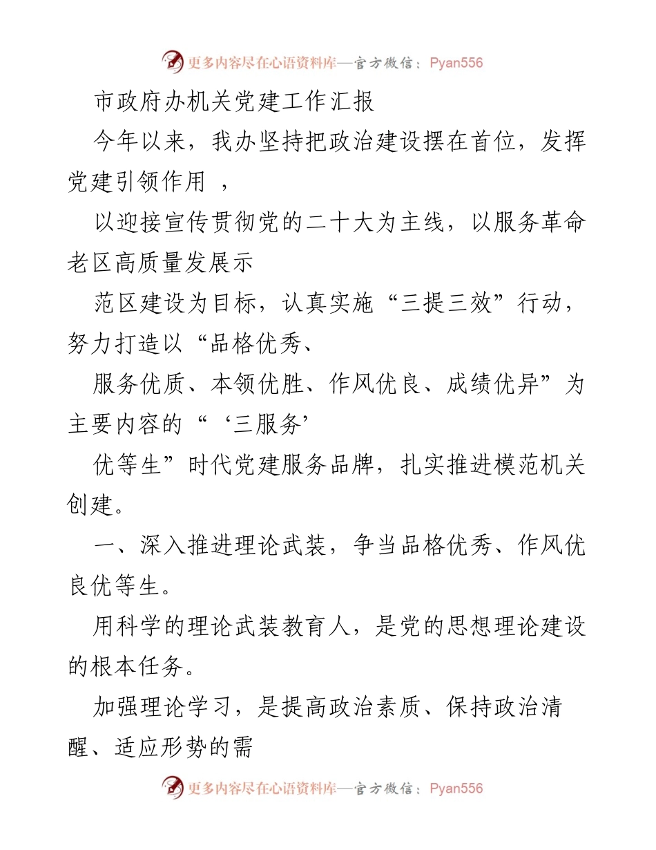 [工作总结] 市政府机关 - 2023年市政府办党建工作汇报与成效分析.docx_第1页