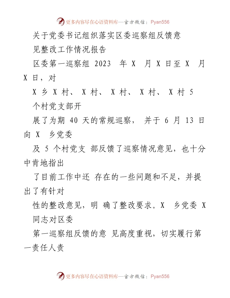 [工作总结] 巡察整改 - 党委书记关于区委巡察组反馈意见整改工作情况总结报告.docx_第1页