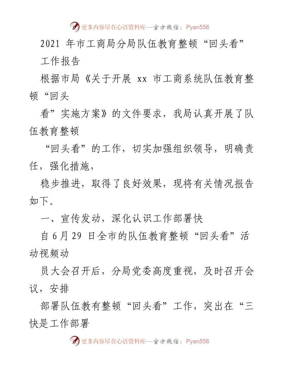 [工作总结] 市工商局 - 2021年市工商局队伍教育整顿“回头看”工作报告.docx_第1页