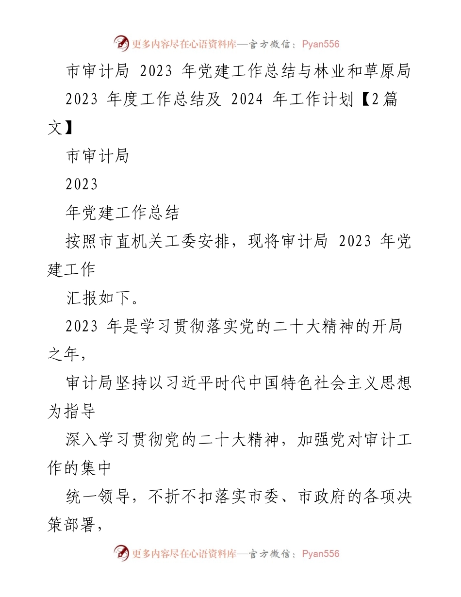 [工作总结] 市审计局 - 2023 年党建工作总结与成效分析.docx_第1页