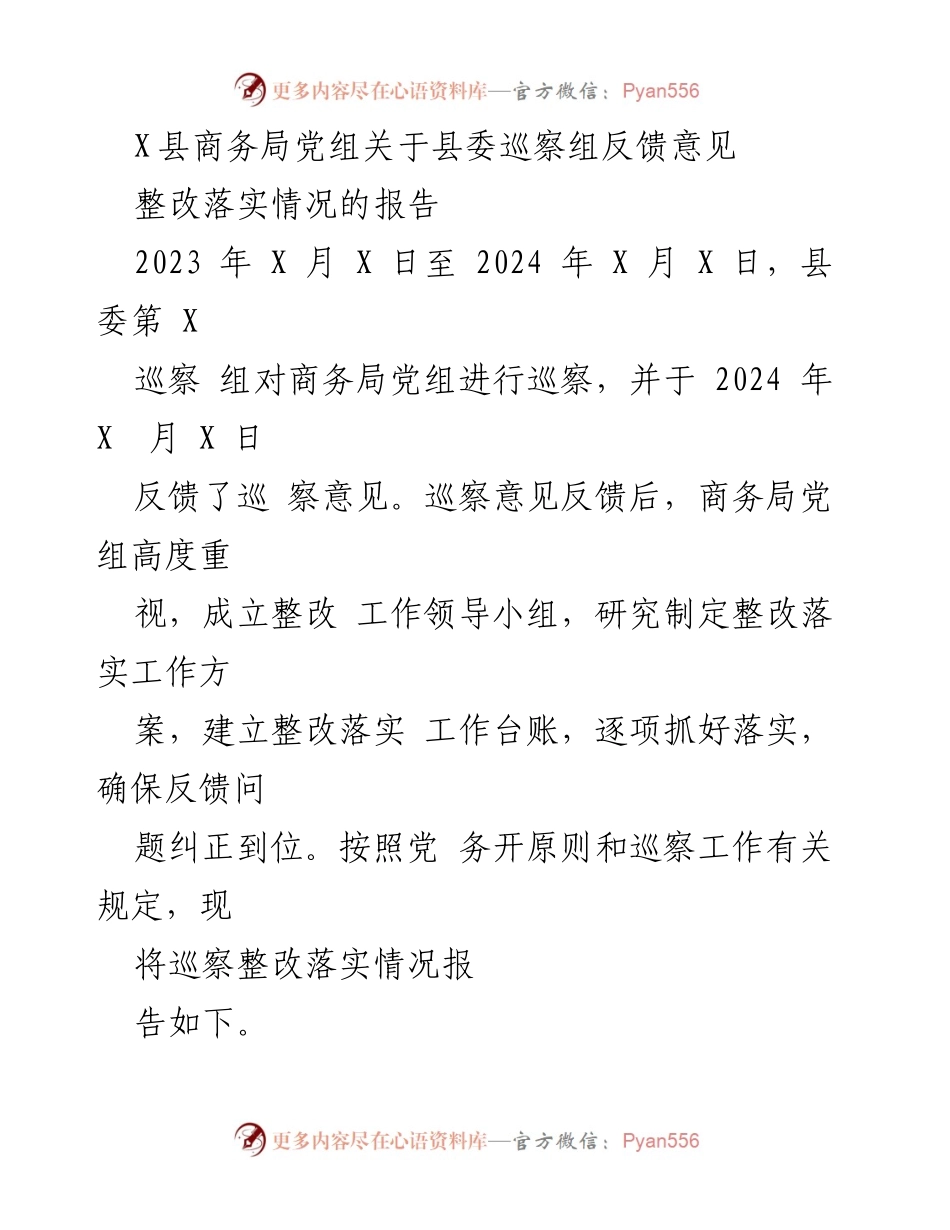 [工作总结] 巡察整改 - X县商务局党组巡察反馈意见整改落实情况报告.docx_第1页