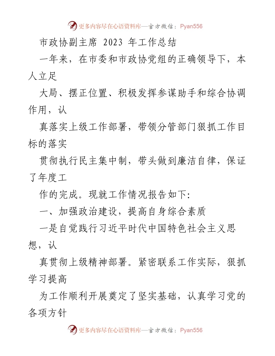[工作总结] 市政协工作 - 2023年市政协副主席工作总结报告.docx_第1页