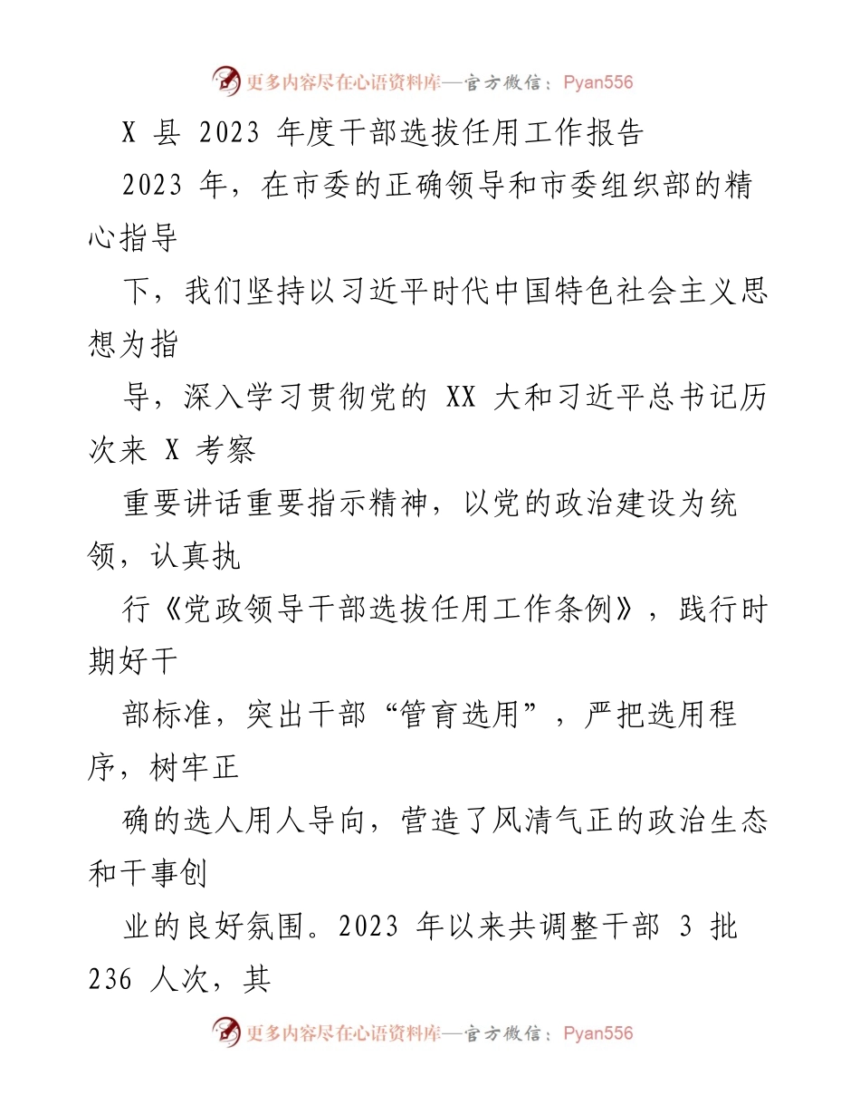 [工作总结] 干部选拔任用工作 - 2023年度X县干部选拔任用工作总结报告.docx_第1页