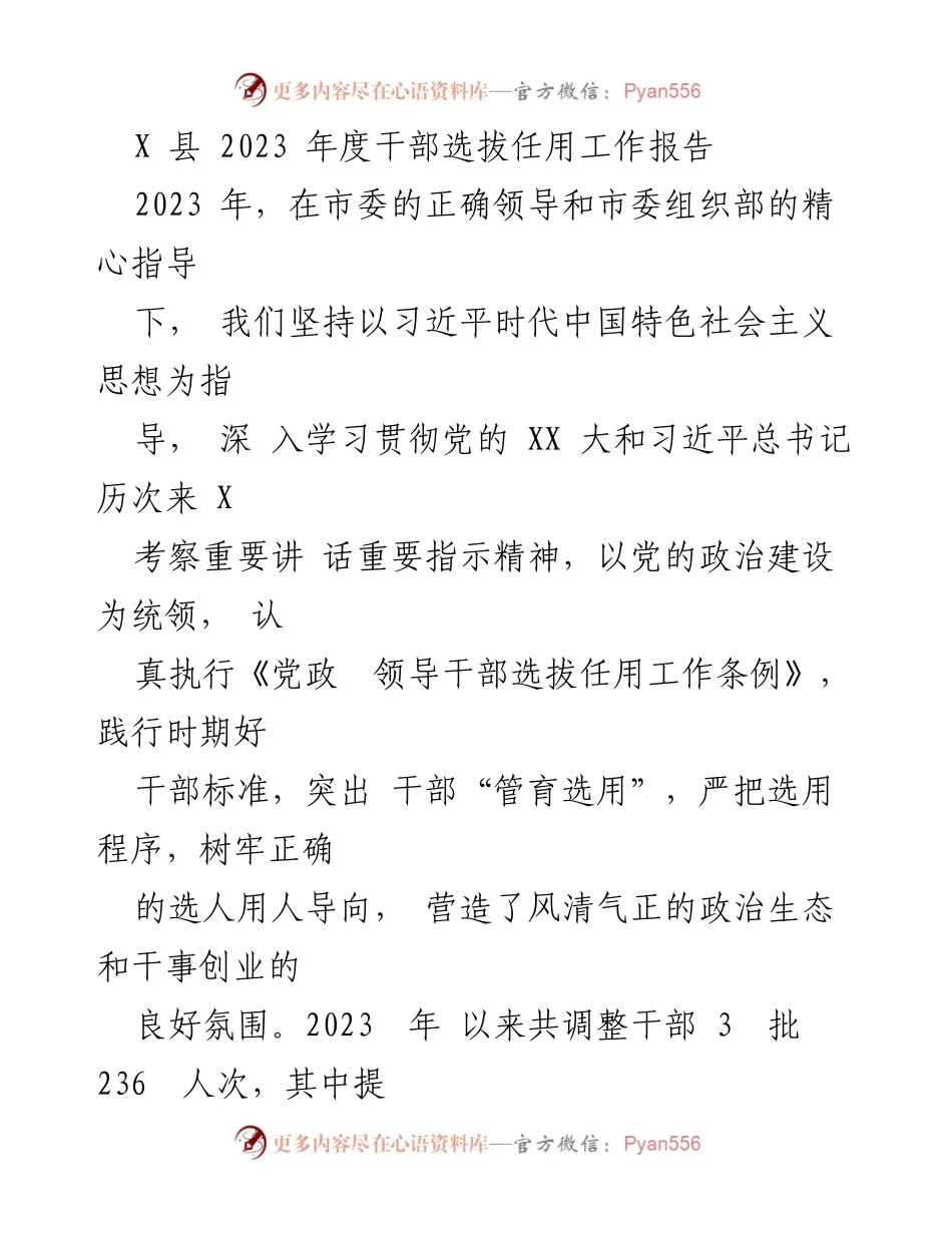 [工作总结] 干部选拔任用 - 2023年度X县干部选拔任用工作总结报告.docx_第1页