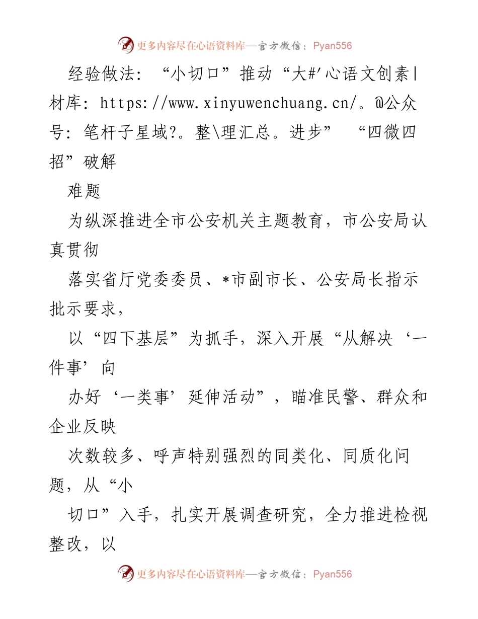 [工作总结] 市公安局主题教育推进会议 - “小切口”推动“大进步”：破解公安机关主题教育难题的经验分享.docx_第1页