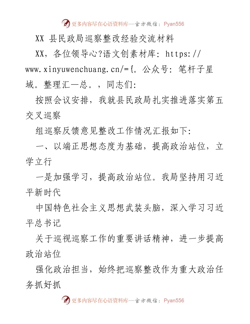 [工作总结] 巡察整改经验交流 - XX县民政局巡察整改工作总结报告.docx_第1页