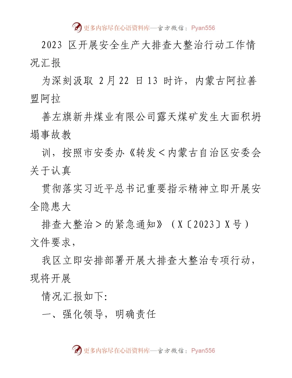 [工作总结] 安全生产大排查整治 - 2023年区安全生产大排查大整治行动工作情况汇报.docx_第1页