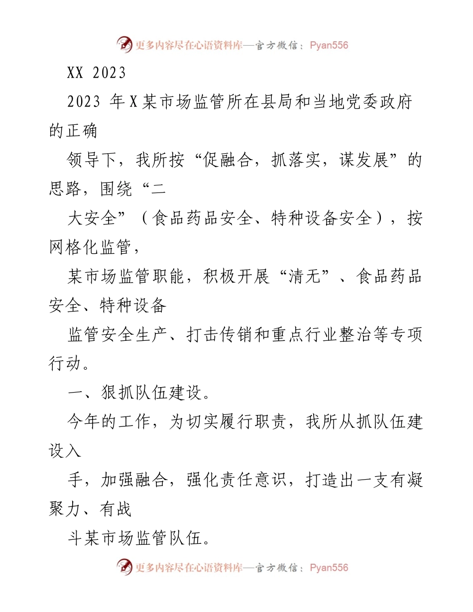 [工作总结] 市场监管工作 - 2023年某市场监管所工作总结与安全监管措施.docx_第1页