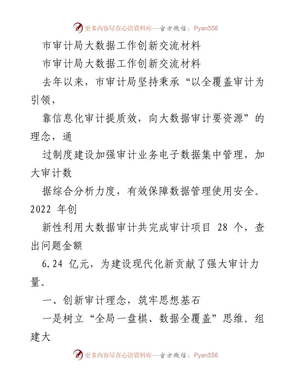 [工作总结] 市审计局大数据工作创新交流 - 大数据审计创新实践与成效分析.docx_第1页
