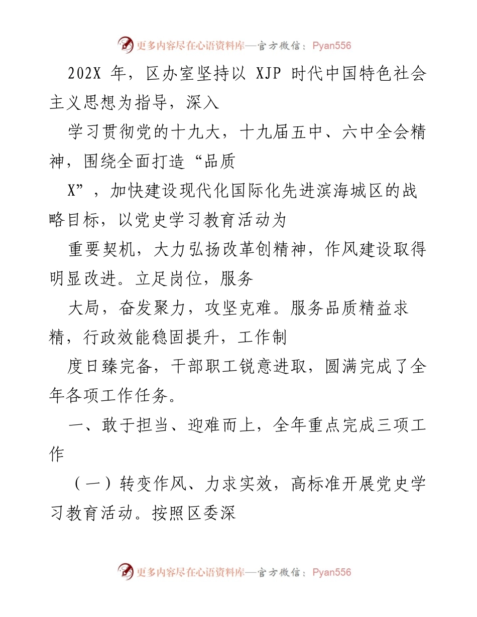 [工作总结] 年度工作总结 - 202X年度区办室工作总结与党史学习教育活动成效分析.docx_第1页