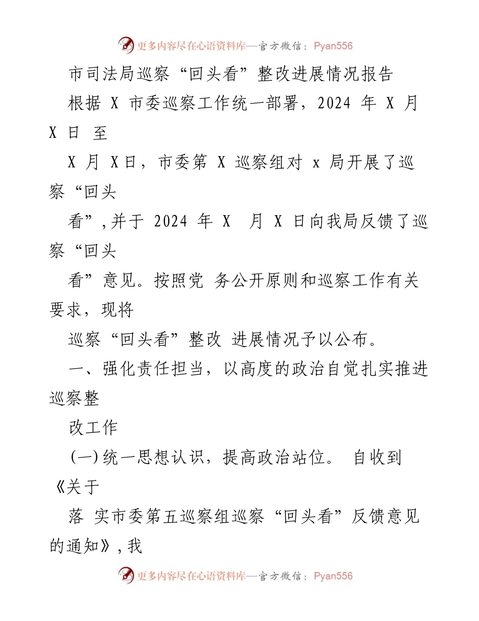 [工作总结] 巡察整改 - 市司法局巡察“回头看”整改进展情况报告.docx_第1页