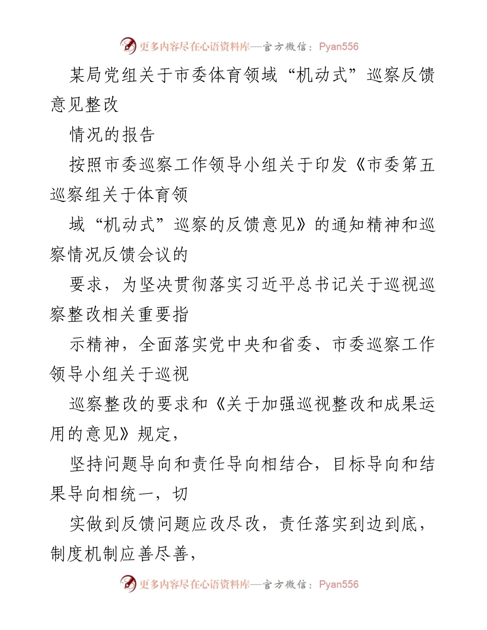 [工作总结] 市委体育领域巡察整改 - 某局党组关于市委体育领域“机动式”巡察反馈意见整改情况的报告.docx_第1页
