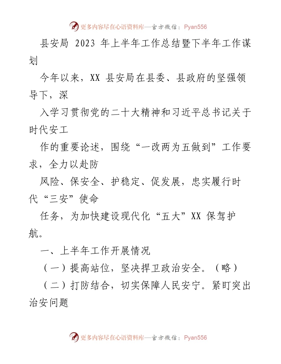 [工作总结] 安全工作会议 - 2023年上半年县安局工作总结与下半年谋划.docx_第1页