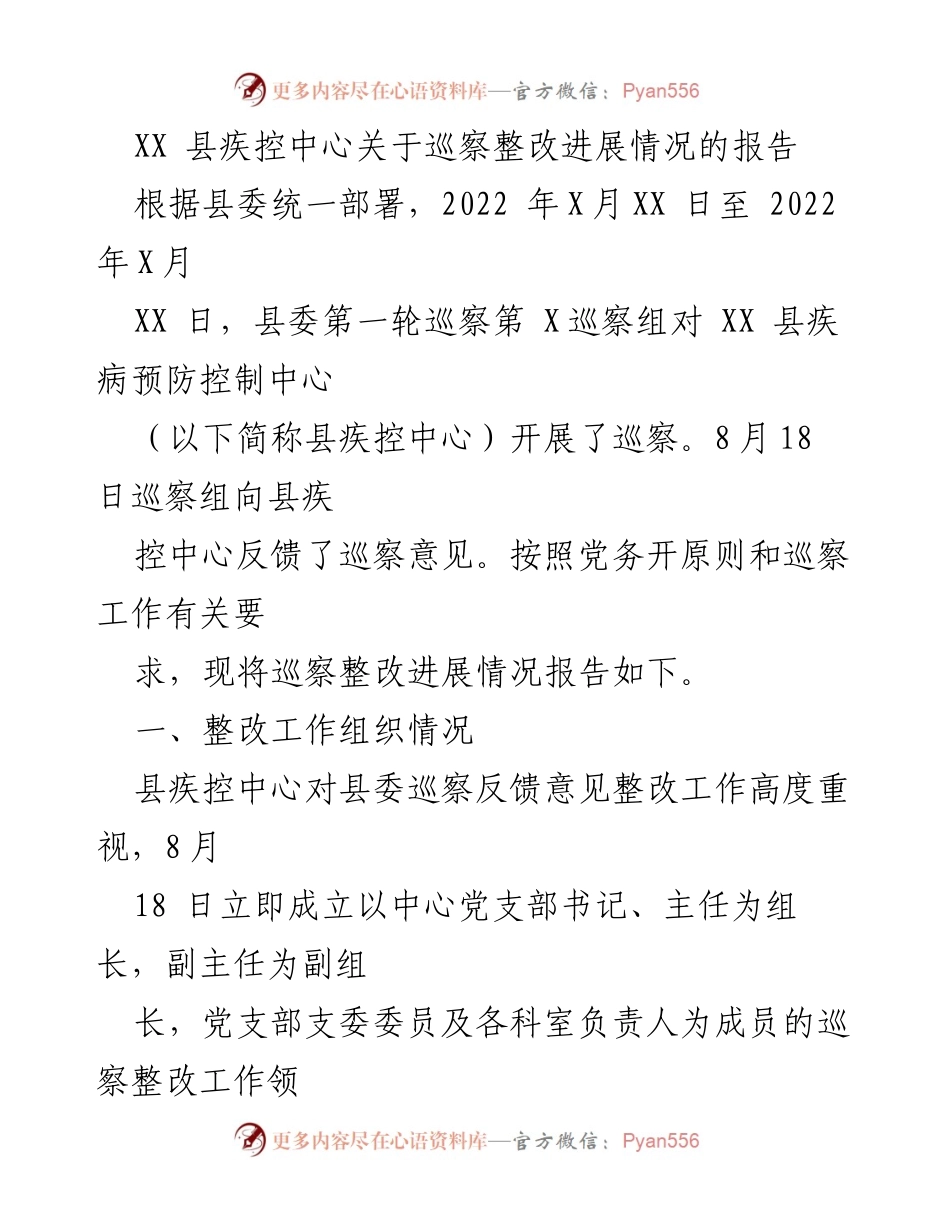 [工作总结] 巡察整改 - XX县疾控中心巡察整改进展情况报告_1.docx_第1页