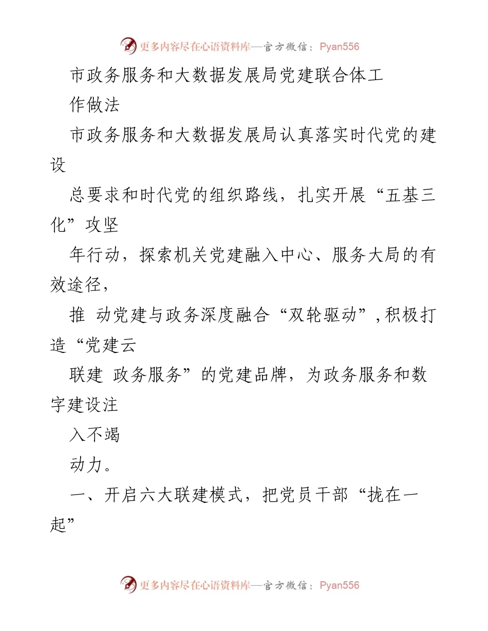 [工作总结] 市政务服务和大数据发展局 - 打造党建与政务服务深度融合的六大模式与先锋队.docx_第1页
