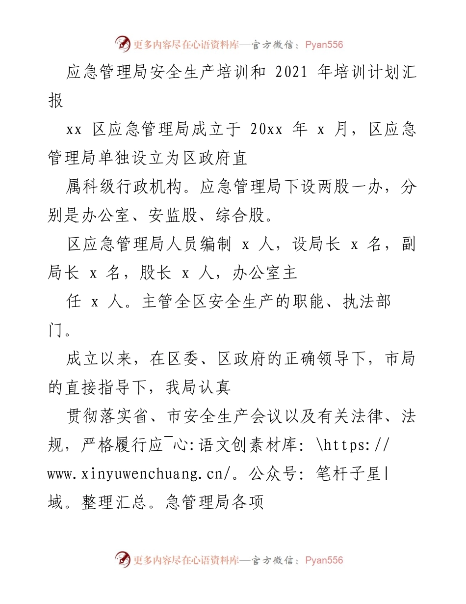 [工作总结] 安全生产培训 - 区应急管理局安全生产培训及2021年工作计划汇报.docx_第1页