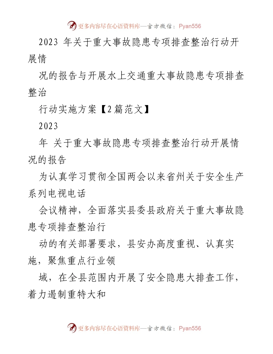 [工作总结] 安全生产 - 2023年重大事故隐患专项排查整治行动开展情况报告_1.docx_第1页