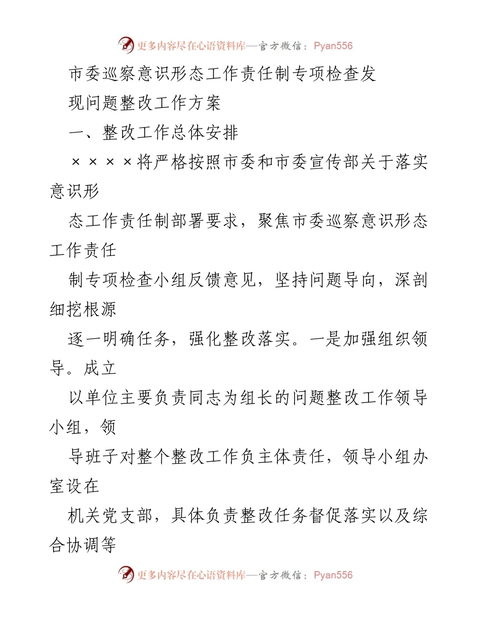 [工作总结] 市委巡察 - 意识形态工作责任制专项检查整改工作方案.docx_第1页