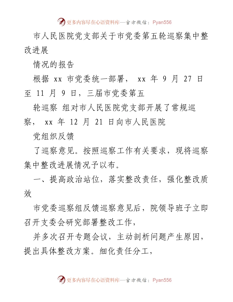 [工作总结] 巡察整改 - 市人民医院党支部巡察整改进展情况报告.docx_第1页
