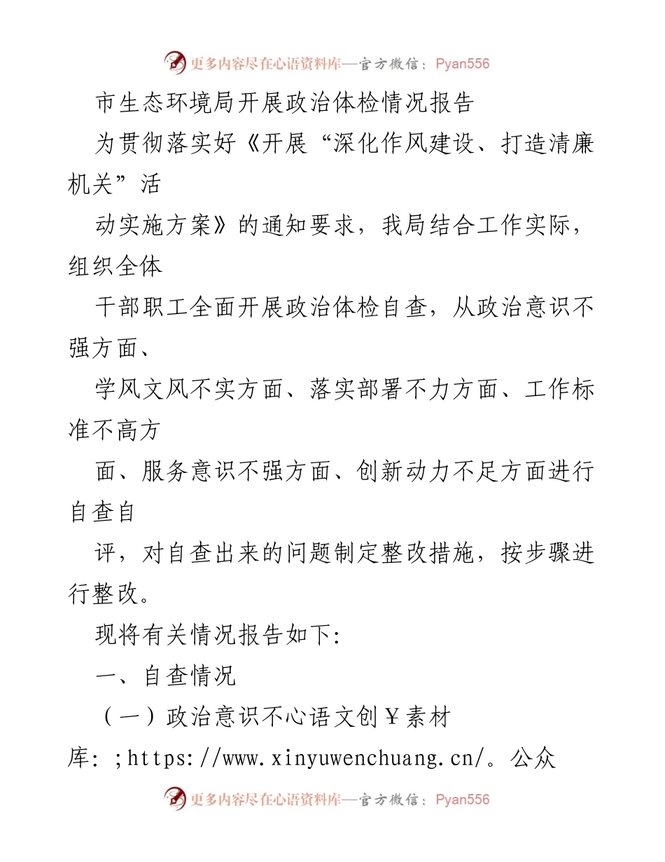 [工作总结] 市生态环境局 - 政治体检自查与整改情况报告.docx_第1页