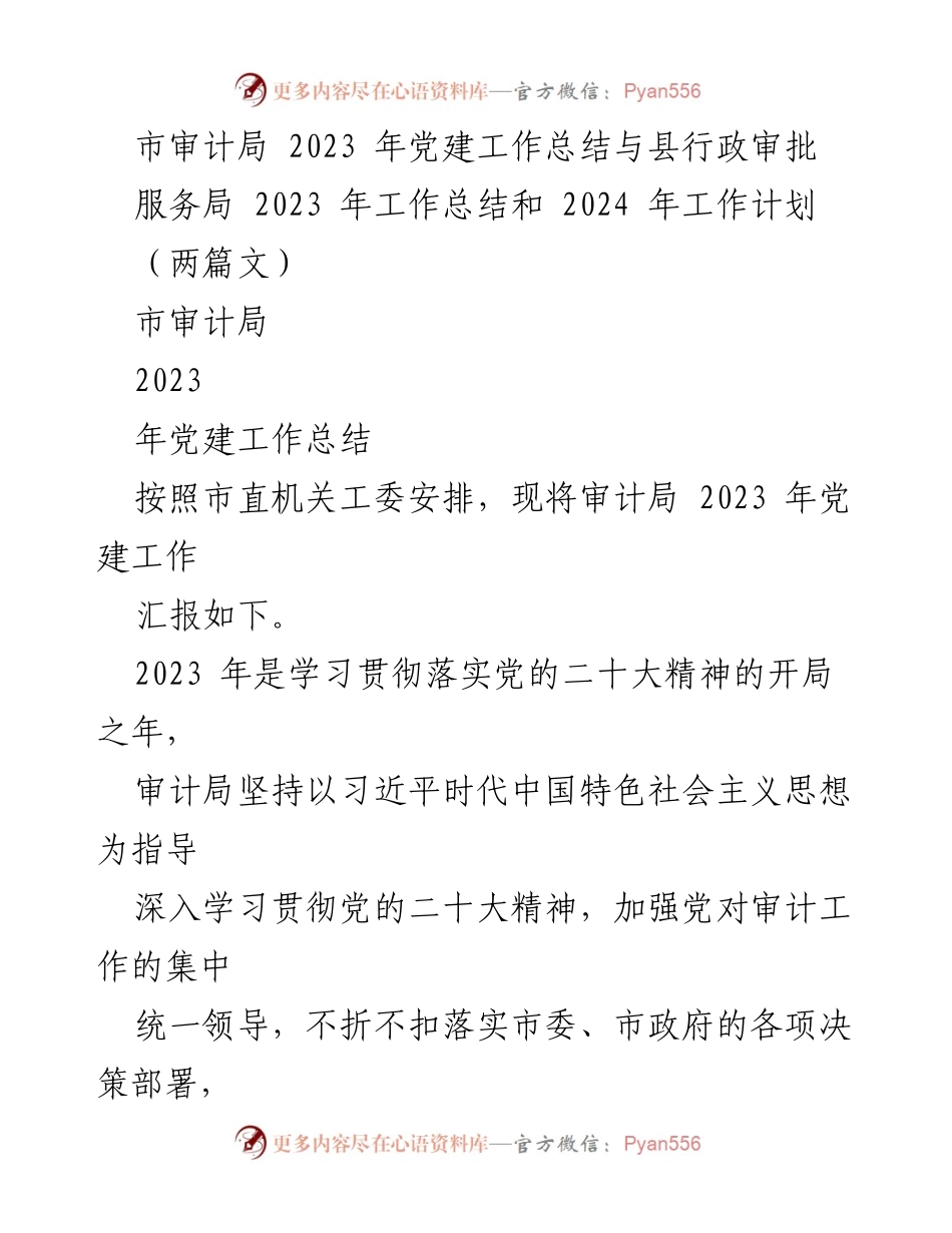 [工作总结] 市审计局 - 2023年党建工作总结与县行政审批服务局工作总结及2024年工作计划.docx_第1页