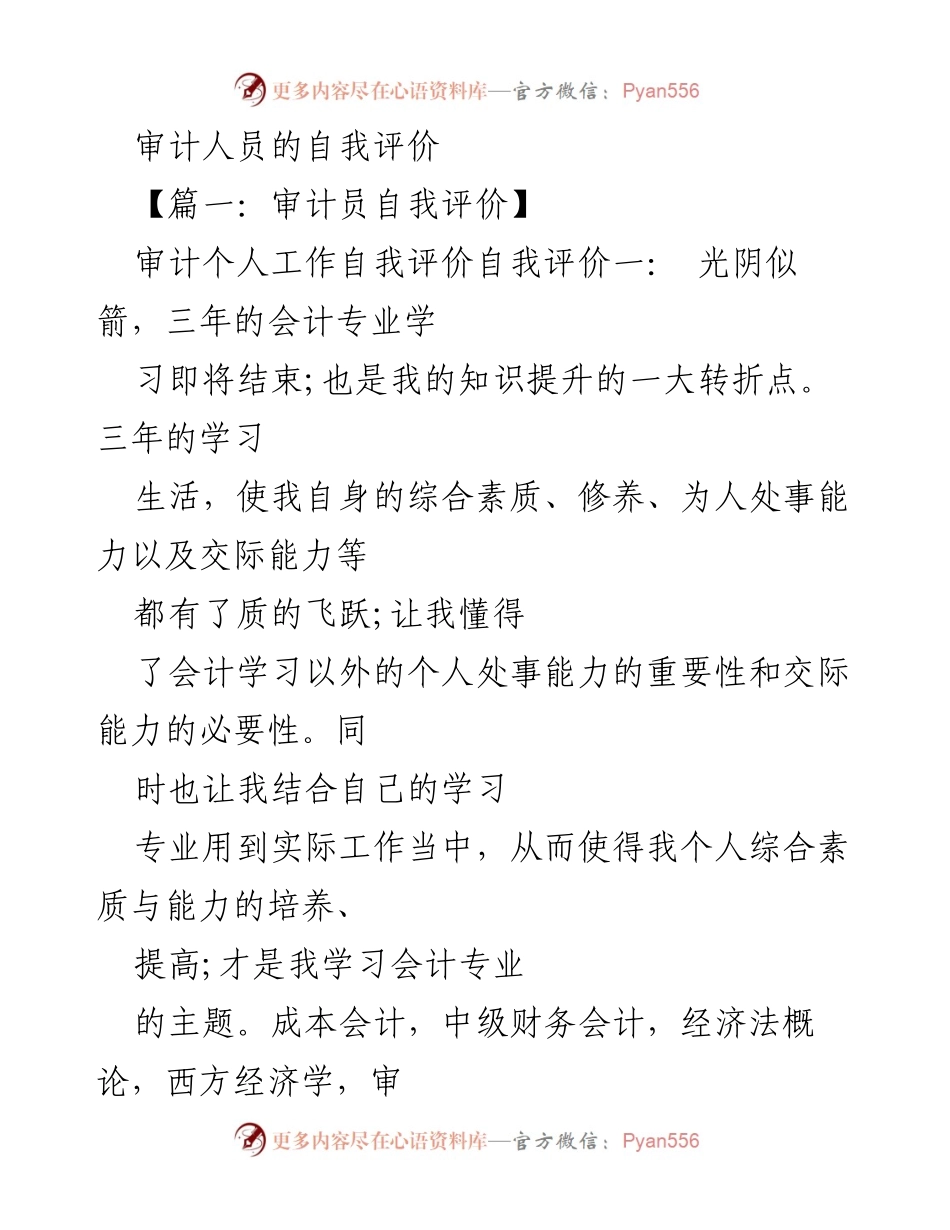 [工作总结] 审计工作 - 审计人员自我评价与工作总结.docx_第1页