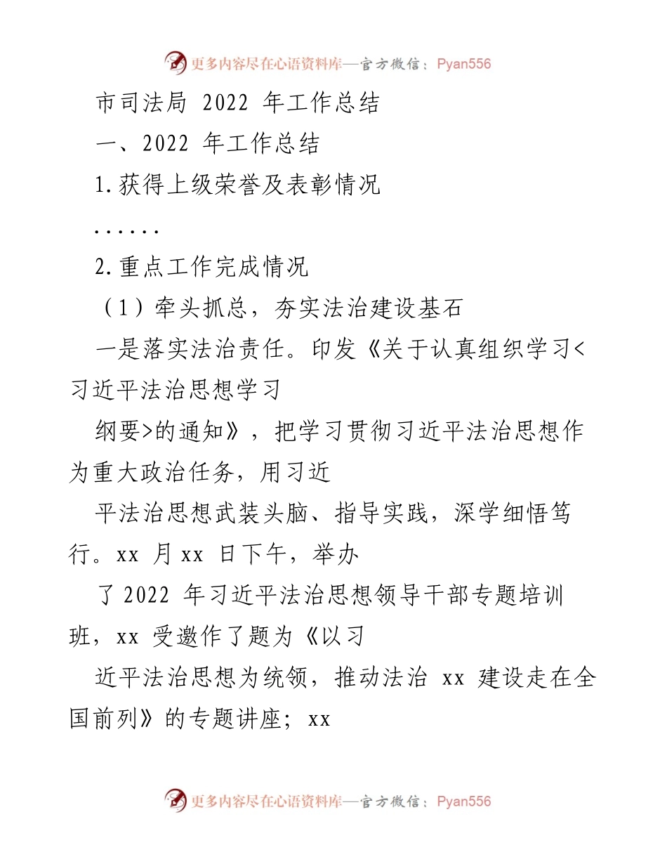 [工作总结] 市司法局 - 2022年工作总结与法治建设成效分析.docx_第1页