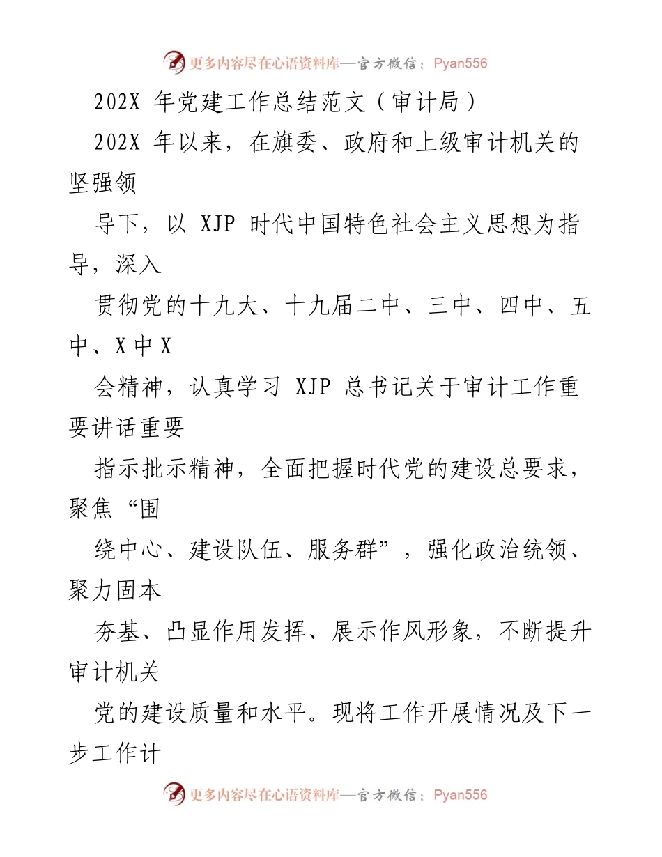 [工作总结] 审计局 - 202X年党建工作总结与计划报告.docx_第1页